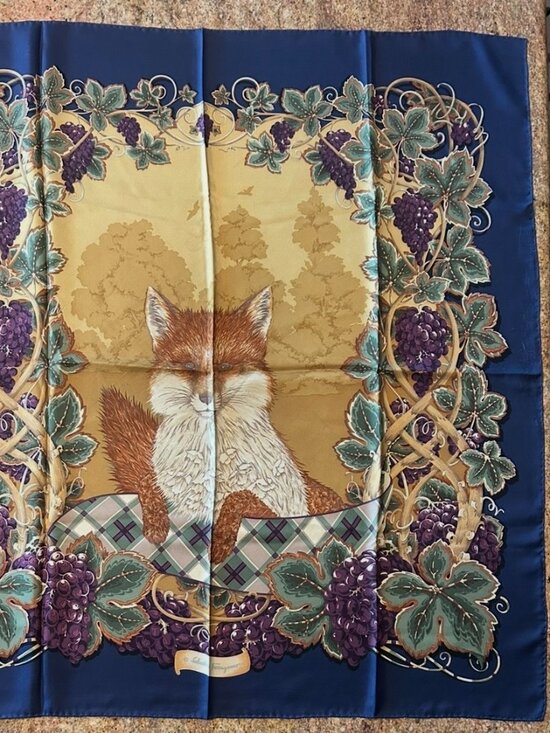 Salvatore Ferragamo Accessories - Vintage Salvatore Ferragamo Silk Scarf with Fox & Grape Hand Rolled Edges 33x35